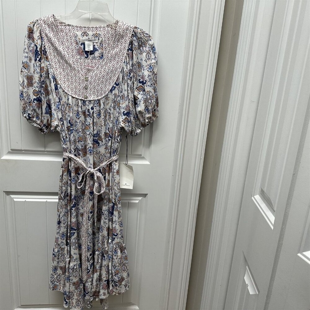 Lucky Brand Dress Peasant Cowgirl Paisley Blue White Cottage Core NEW